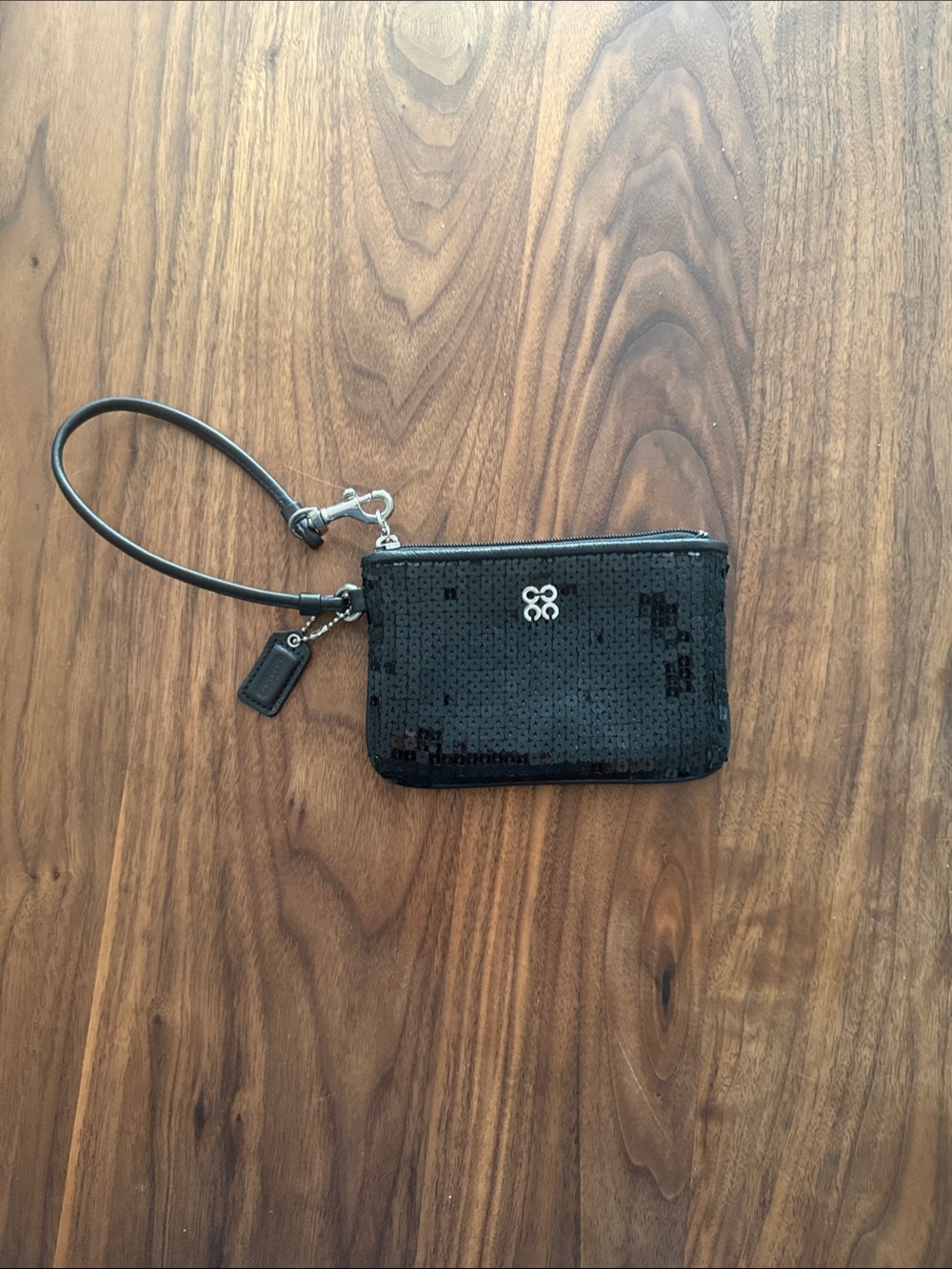 Coach Black Sequin Wristlet Phone Pouch with Strap